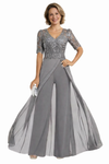 Elegant Chiffon Lace Half Sleeves Formal Pantsuit For Mother of The Bride