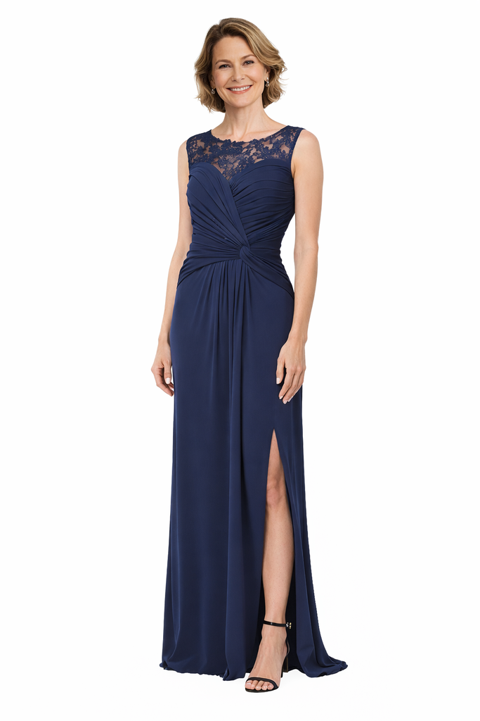Elegant Jewel A-Line Ruched Chiffon Lace Long Mother Of The Bride Dresses