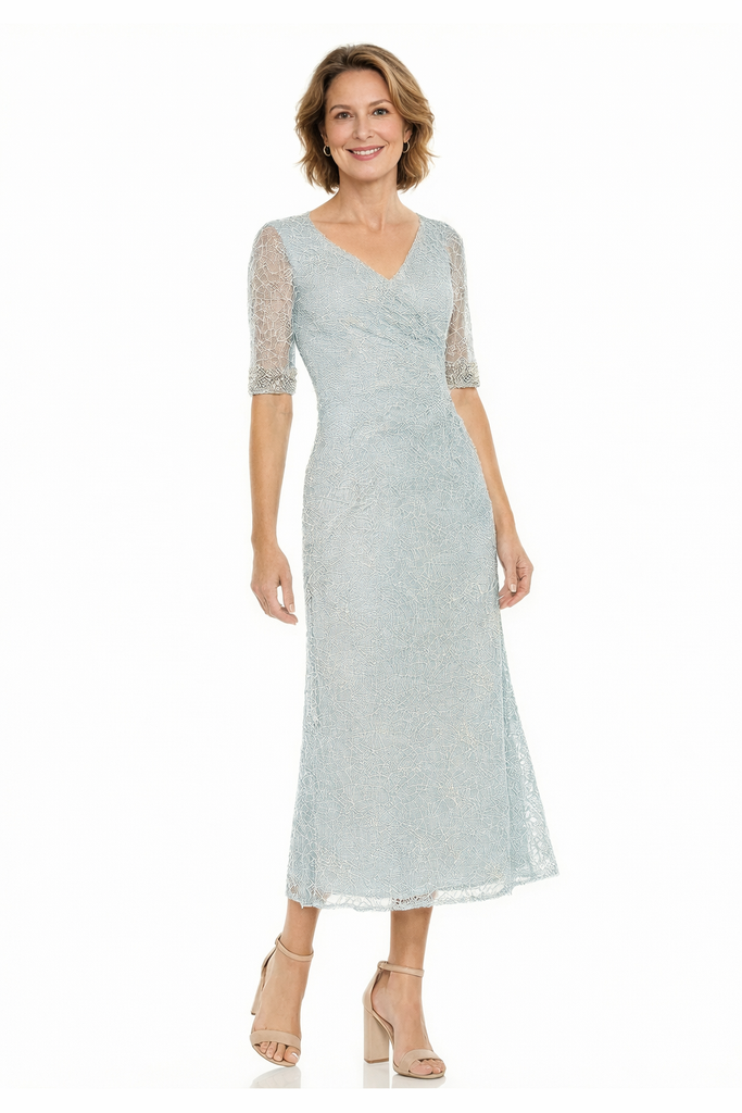 Modern V-Neck Half Sleeves Lace Unique Short Mother of The Bride Dresses Tea Length