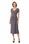 Elegant Chiffon V-Neck Short Sleeves Lace Ruched Midi Mother of The Bride Dresses
