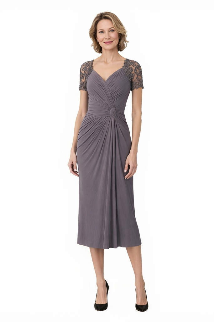 Elegant Chiffon V-Neck Short Sleeves Lace Ruched Midi Mother of The Bride Dresses
