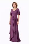 Elegant Chiffon V-Neck Half Sleeves Ruffle Long Mother of The Bride and Groom Dresses