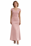 Elegant V-Neck Lace Cap Sleeves Chiffon Mermaid Short Mother Of The Bride Dresses