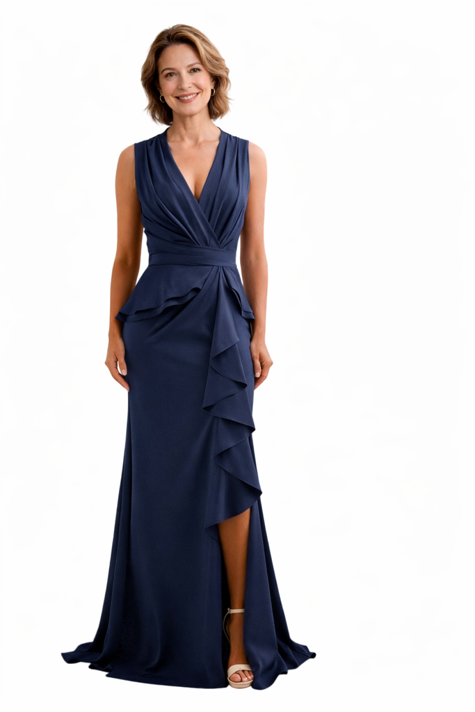 Elegant V-Neck Side Slit Chiffon Ruffles Mermaid Floor-Length Mother of the Bride Dresses
