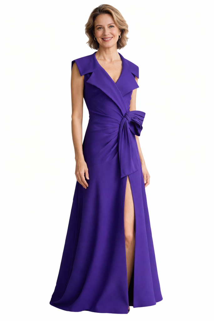 Elegant V-Neck Crepe A-Line Long Mother of the Brides Dresses Side Slit