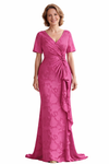 Elegant Floral Burnout Chiffon V-neck Short Sleeves Mermaid Long Mother of The Bride Dresses