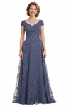 Elegant V-Neck Cap Sleeves Lace Chiffon A-line Mother of The Bride and Groom Dresses