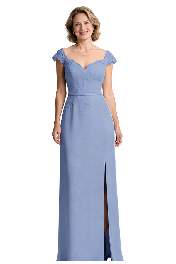 Elegant Chiffon V-neck Cap Sleeves A-line Mother of The Bride Dresses Side Slit
