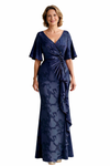 Elegant Chiffon Floral Burnout V-neck Flutter Sleeves Mermaid Mother of The Bride Dresses