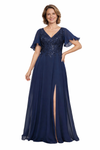 Elegant V-Neck Flutter Sleeve Lace Chiffon A-line Long Mother of The Bride Dresses Side Slit