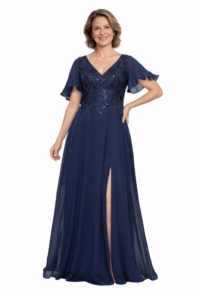 Elegant V-Neck Flutter Sleeve Lace Chiffon A-line Long Mother of The Bride Dresses Side Slit