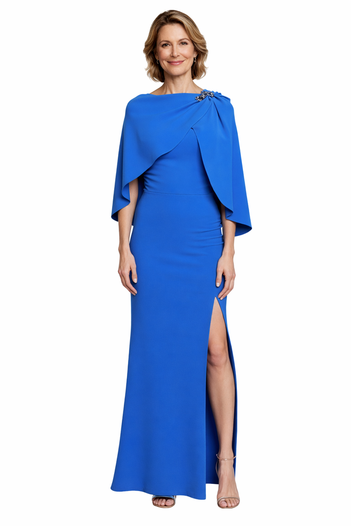 Modern Cape Sleeves Crepe Mermaid Long Mother of the Brides Dresses