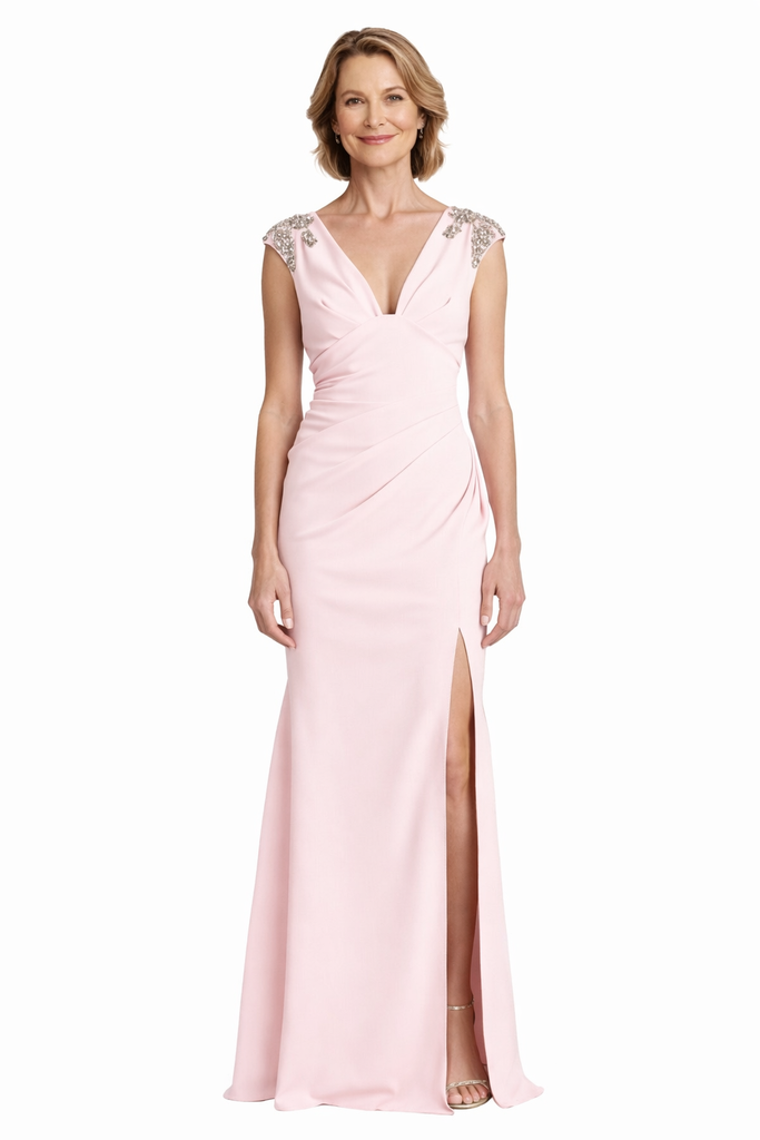 Trendy Cap Sleeves V-Neck Satin Mermaid Long Mother of the Brides Dresses