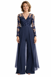 Elegant V-neck Long Sleeves Lace Chiffon Women's Pantsuits For Mother of The Bride