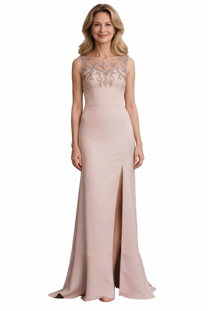 Elegant Illusion Lace Beaded Satin Young Mermaid Mother of the Brides Dresses Side Slit