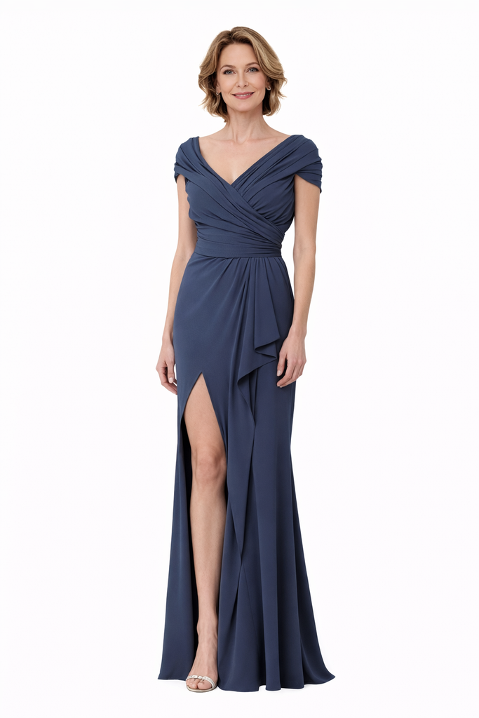 Elegant Chiffon Cap Sleeves V-Neck Side Slit A-Line Ruffle Long Mother Of The Bride Dresses