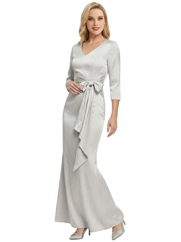 Mother of The Bride Dress Elegant V-Neck 3/4 Sleeve Satin Trumpet Maxi Gown