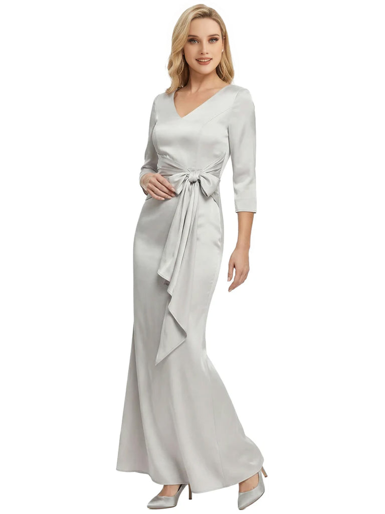 Mother of The Bride Dress Elegant V-Neck 3/4 Sleeve Satin Trumpet Maxi Gown