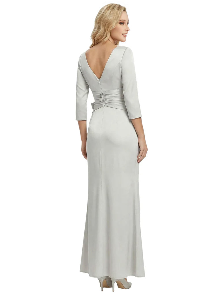 Mother of The Bride Dress Elegant V-Neck 3/4 Sleeve Satin Trumpet Maxi Gown