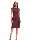 Mother of The Bride Dress Beautiful Jewel Cap Sleeve Crepe Sheath Midi Gown Ruffled Stylish Design