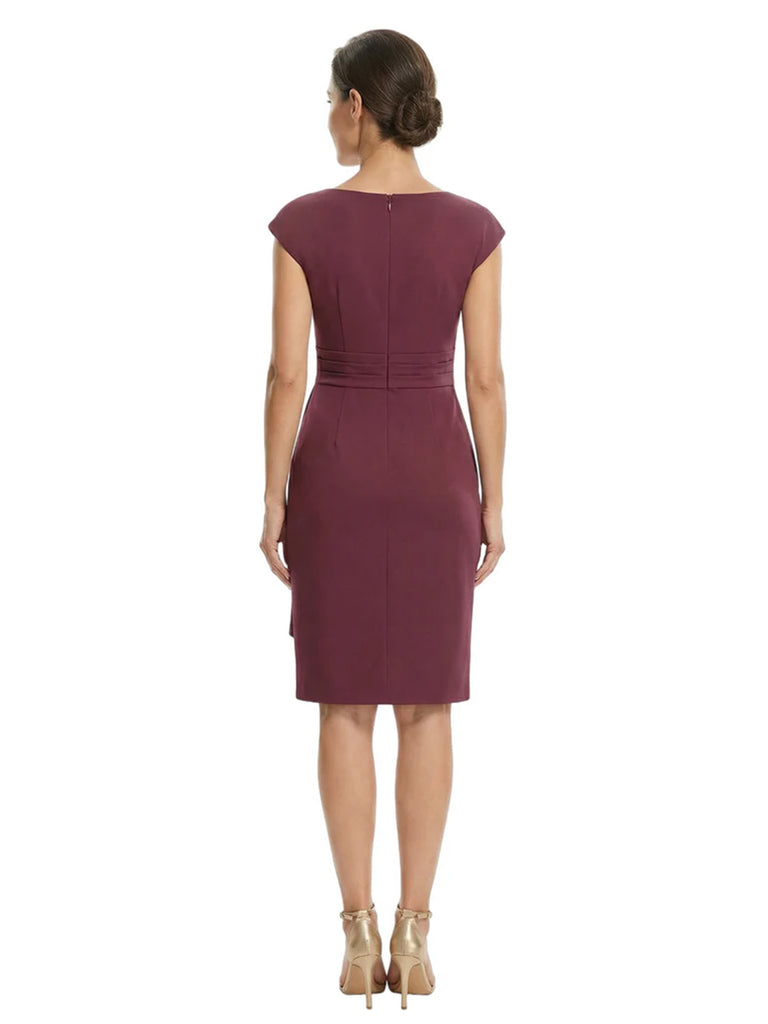 Mother of The Bride Dress Beautiful Jewel Cap Sleeve Crepe Sheath Midi Gown Ruffled Stylish Design
