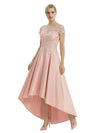 Elegant Mother of The Bride Dress Scoop Short Sleeve Lace Satin High-Low A-Line Gown