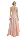 Elegant Mother of The Bride Dress Scoop Short Sleeve Lace Satin High-Low A-Line Gown