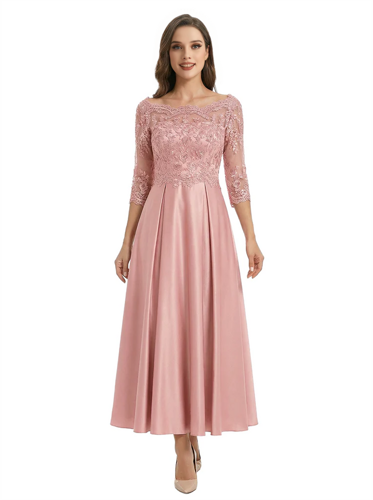 Mother of The Groom Dress Off Shoulder 3/4 Sleeve Lace Satin Midi Gown Classy Pleated