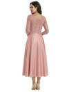 Mother of The Groom Dress Off Shoulder 3/4 Sleeve Lace Satin Midi Gown Classy Pleated