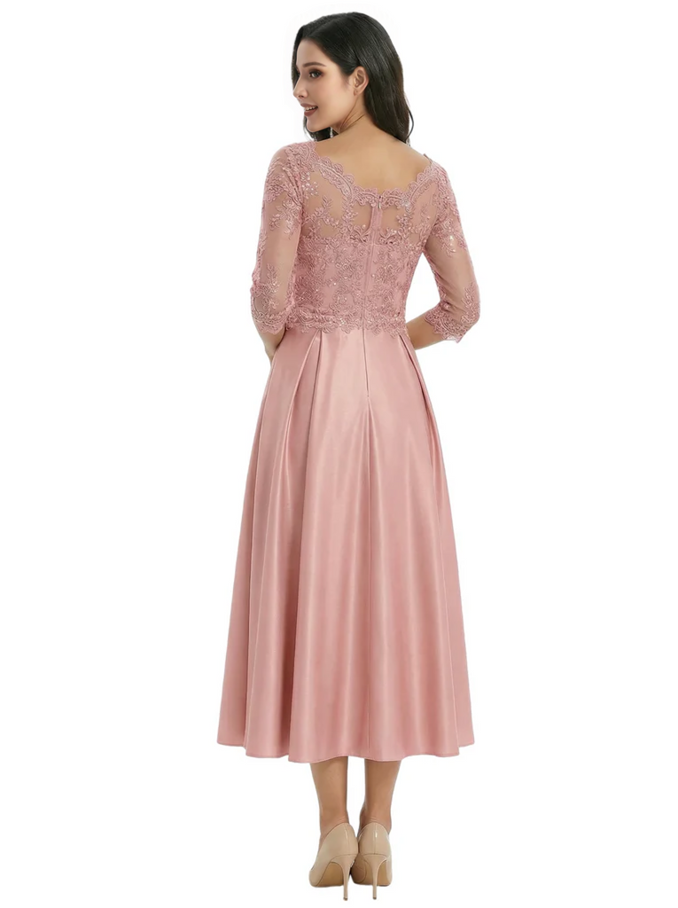 Mother of The Groom Dress Off Shoulder 3/4 Sleeve Lace Satin Midi Gown Classy Pleated