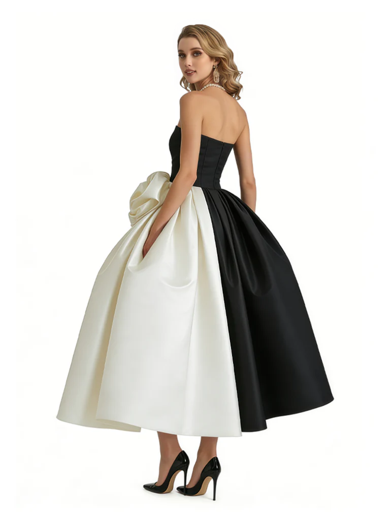 Elegant Black and White Satin Sweetheart A-Line Midi Mother Of The Bride Dresses