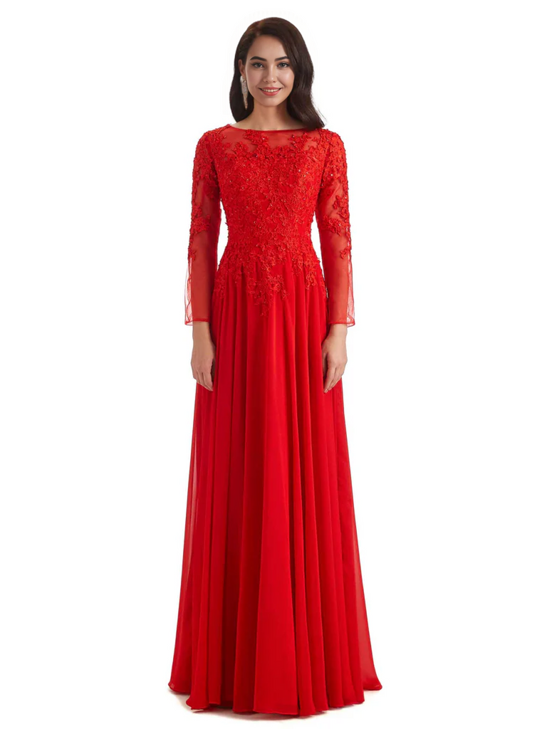 Elegant A-line Long Sleeves Lace Long Mother of The Bride Dresses