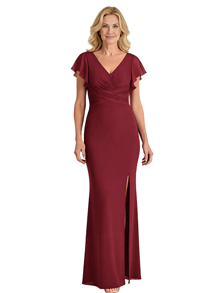 Elegant V-neck Flutter Sleeves Mermaid Chiffon Mother of the Brides Dresses Side Slit