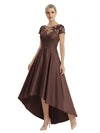 Elegant Mother of The Bride Dress Scoop Short Sleeve Lace Satin High-Low A-Line Gown