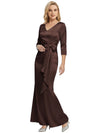 Mother of The Bride Dress Elegant V-Neck 3/4 Sleeve Satin Trumpet Maxi Gown