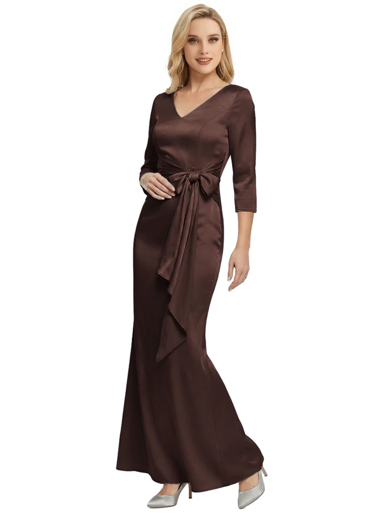 Mother of The Bride Dress Elegant V-Neck 3/4 Sleeve Satin Trumpet Maxi Gown