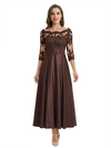Mother of The Groom Dress Off Shoulder 3/4 Sleeve Lace Satin Midi Gown Classy Pleated