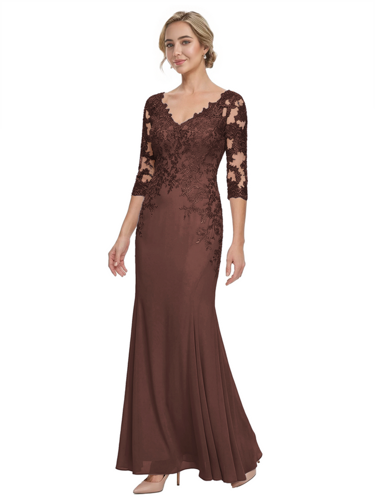 Mother of The Bride Gown V-Neck Half Sleeve Lace Chiffon Trumpet Maxi Dress Unique Sophisticated