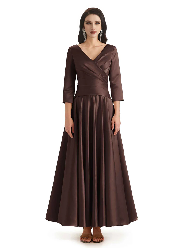 Elegant Soft Satin 3/4 Sleeves V-Neck Ankle Length Mother of The Bride Dresses