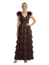 Mother of The Bride Dresses V-Neck Sleeveless Satin Tiered Maxi Gown Unique Flower Detailed Formal Wedding Event Attire