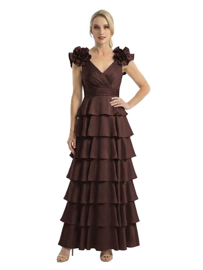 Cetims Mother of The Bride Dresses V Neck Sleeveless Satin Tiered Maxi Gown Unique Flower Detailed Formal Wedding Event Attire Black