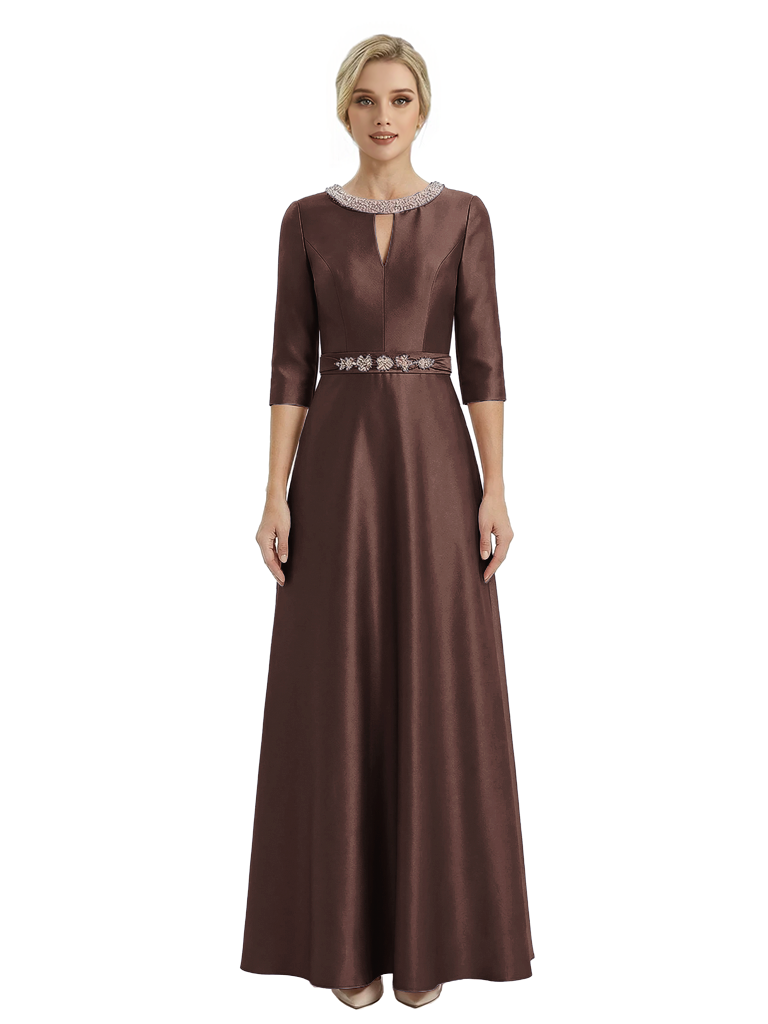 Sophisticated 3/4 Sleeves Beaded A-Line Satin Mother Of The Bride Dress