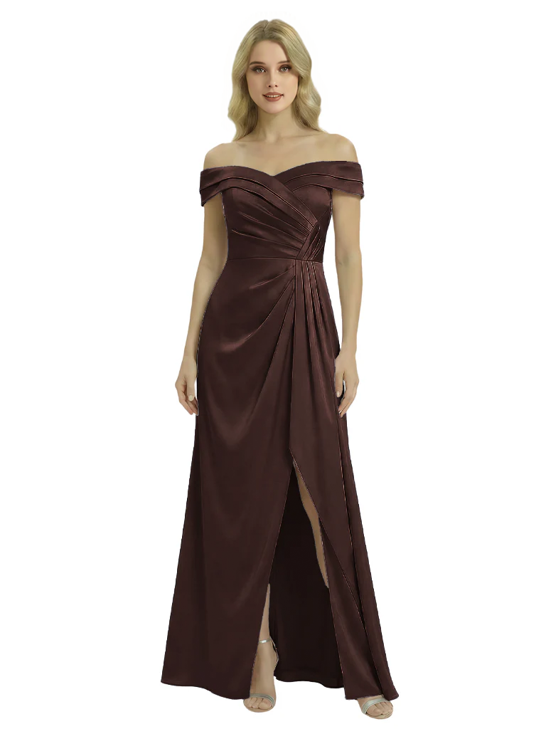 Cetims Off The Shoulder Mother Of The Groom Dresses Side Split Satin Ruched A Line Gown Chocolate