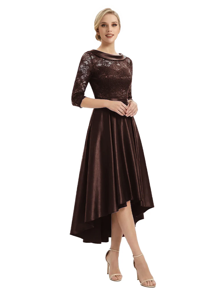 Elegant Boat Neck Satin Lace Mother Of The Bride Dresses High-Low A-Line Gowns