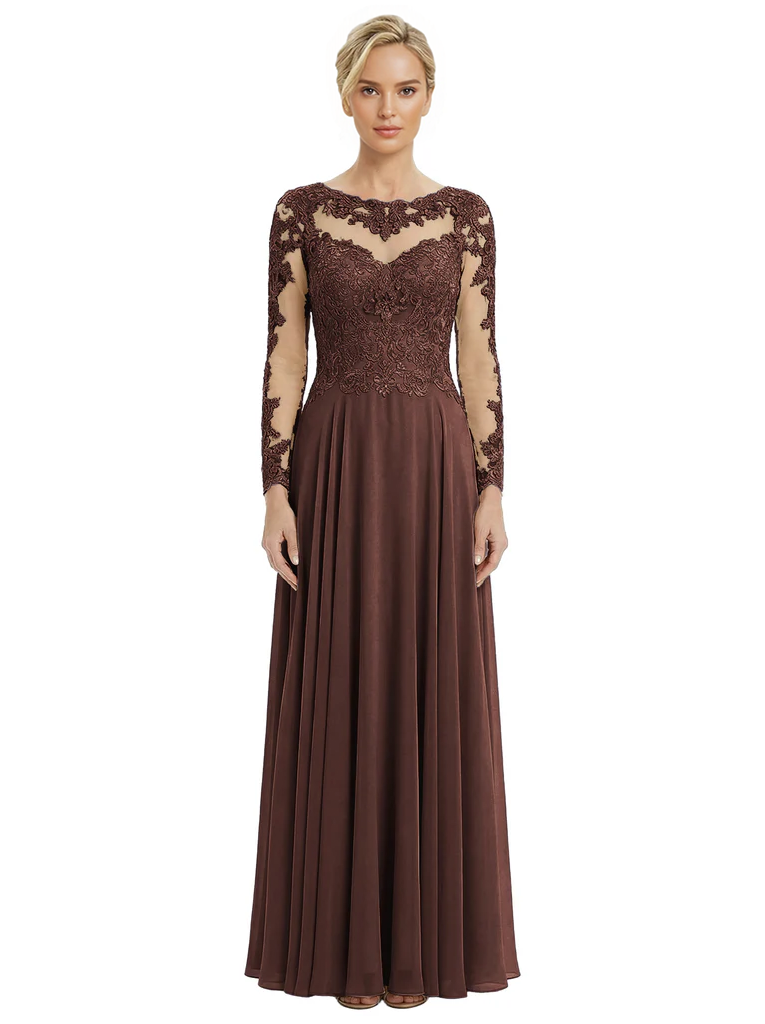 Mother of The Bride Dresses Scoop Long Sleeve Lace Chiffon Maxi Gown Pretty Embroidered Formal Wedding Event Attire