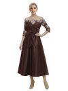 Unique Off Shoulder Tea-Length Satin Mother Of The Bride Dress With Lace Illusion
