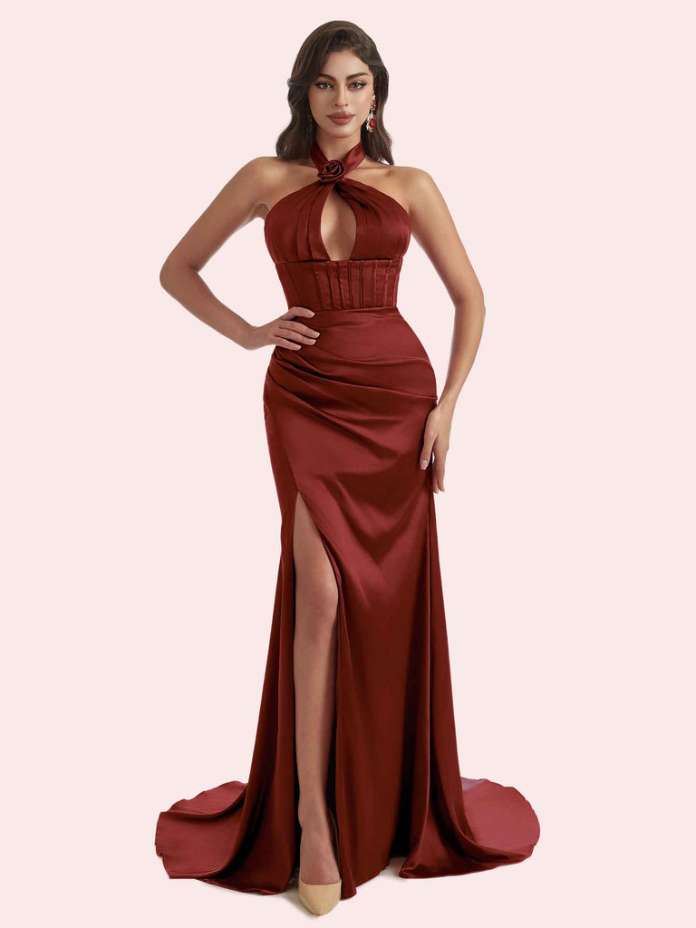 Elegant Mermaid Pleats Side Slit Halter Soft Satin Long Bridesmaid Dress For Wedding Elegant Mermaid Pleats Side Slit Halter Soft Satin Long Bridesmaid Dress For Wedding