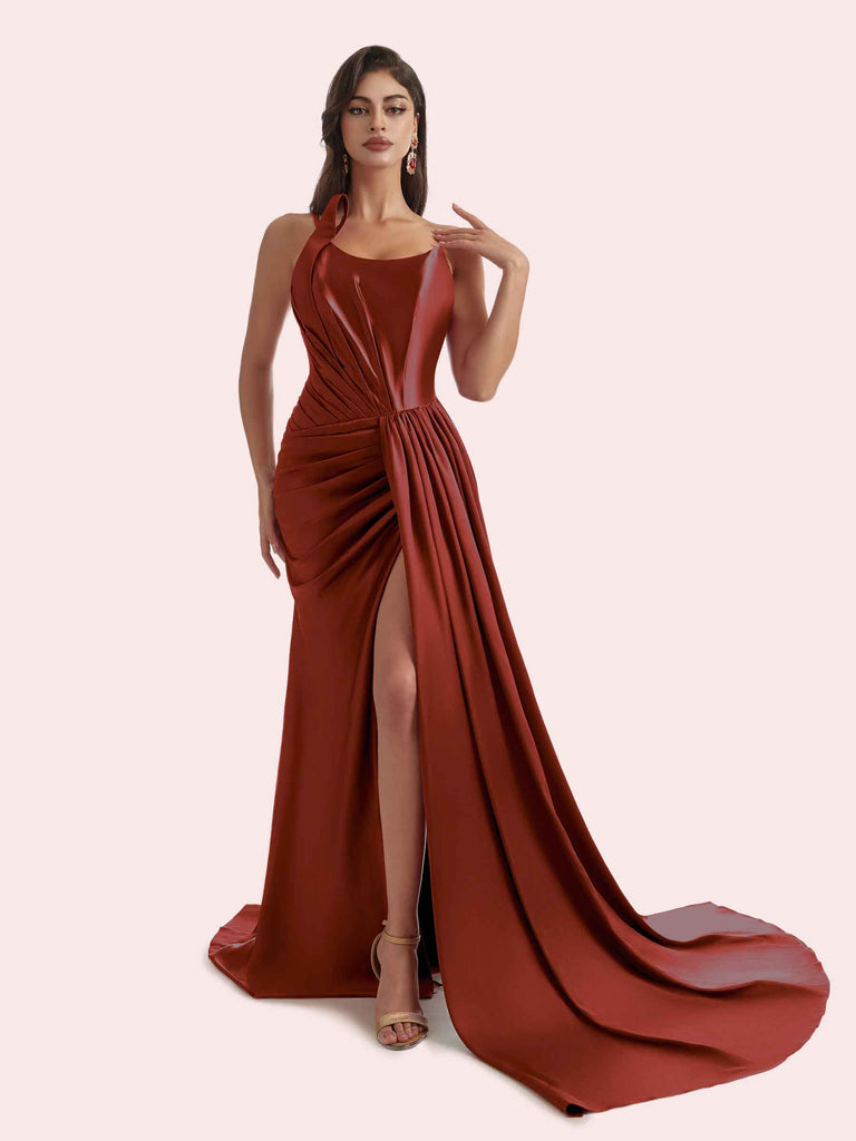Sexy Mermaid Pleats Side Slit One Shoulder Soft Satin Long Bridesmaid Dress For Wedding Sexy Mermaid Pleats Side Slit One Shoulder Soft Satin Long Bridesmaid Dress For Wedding