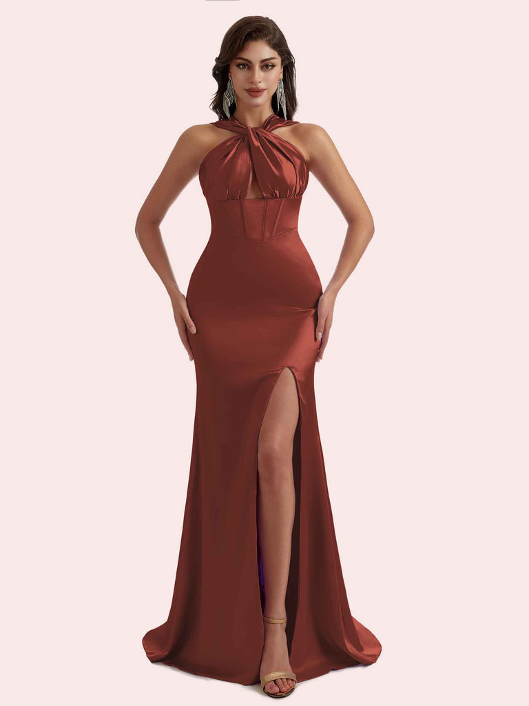 Sexy Mermaid Halter Side Slit Soft Satin Long Bridesmaid Dress for Wedding Sexy Mermaid Halter Side Slit Soft Satin Long Bridesmaid Dress for Wedding