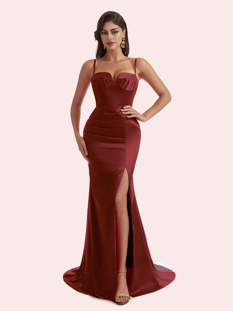 Elegant Mermaid Pleats Side Slit Spaghetti Straps Soft Satin Long Bridesmaid Dress For Wedding- Cetims Mulberry